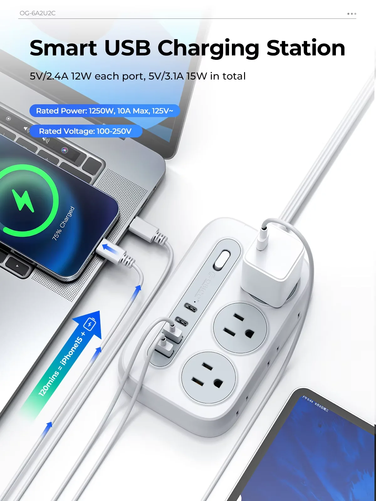 ORICO Power Strip 6 ช่องจ่ายไฟ AC 2 USB 2 ประเภท C 1250W Fast CHARGING Travel Adapter หลายขนาดสายไฟสําหรับบ้านกลางแจ้ง