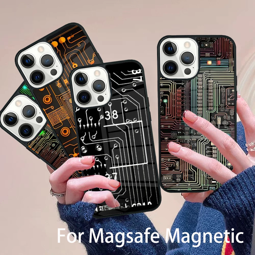 

inside Circuit Board Phone Case Magesafe Magnetic Wireless Charge Cover For IPhone 16 11 12 13 14 15 Pro Max Plus Mini