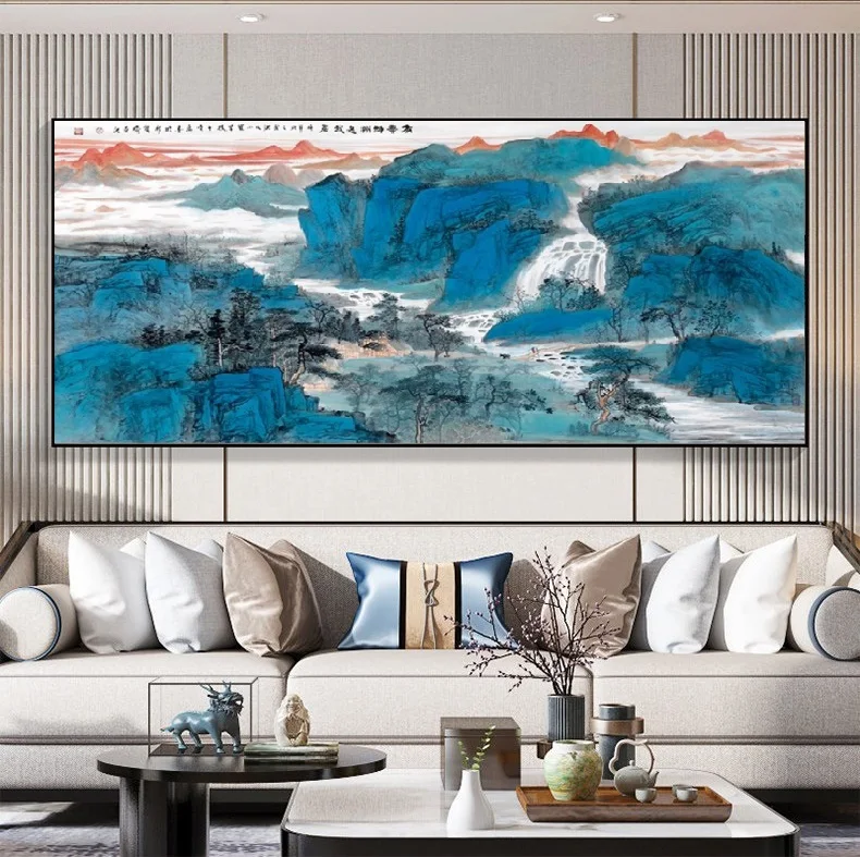 Pavilion and Stream landscape painting, Print Art Canvas Poster, For Living Room Decor
