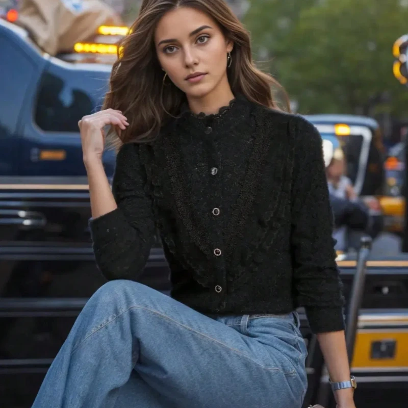 Spring and Autumn Semi-turtleneck Button Lace Splicing Women's Long Sleeve Shirt Elegant Casual Fashion Slim Office Black Blouse 3
