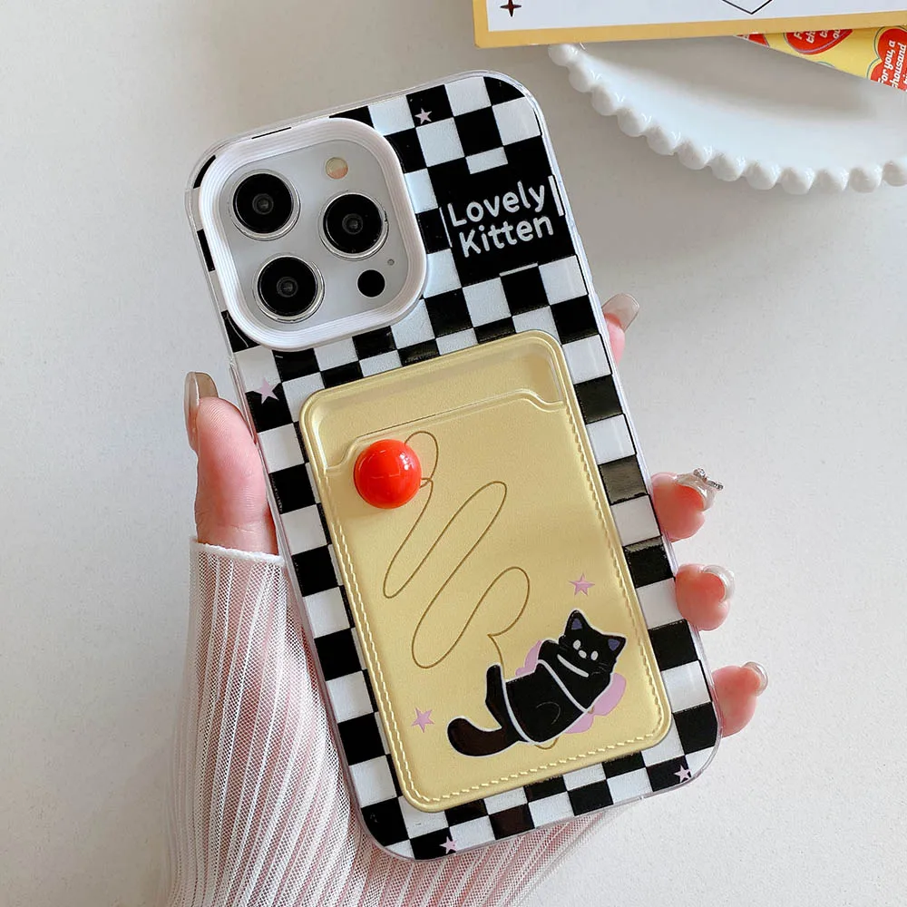 Cute Funny Clown Cat Card Pocket Phone Case For iPhone 15 14 12 13 11 Pro Max XS XR X 7 8 Plus Colorful Point Lattice Soft Cover