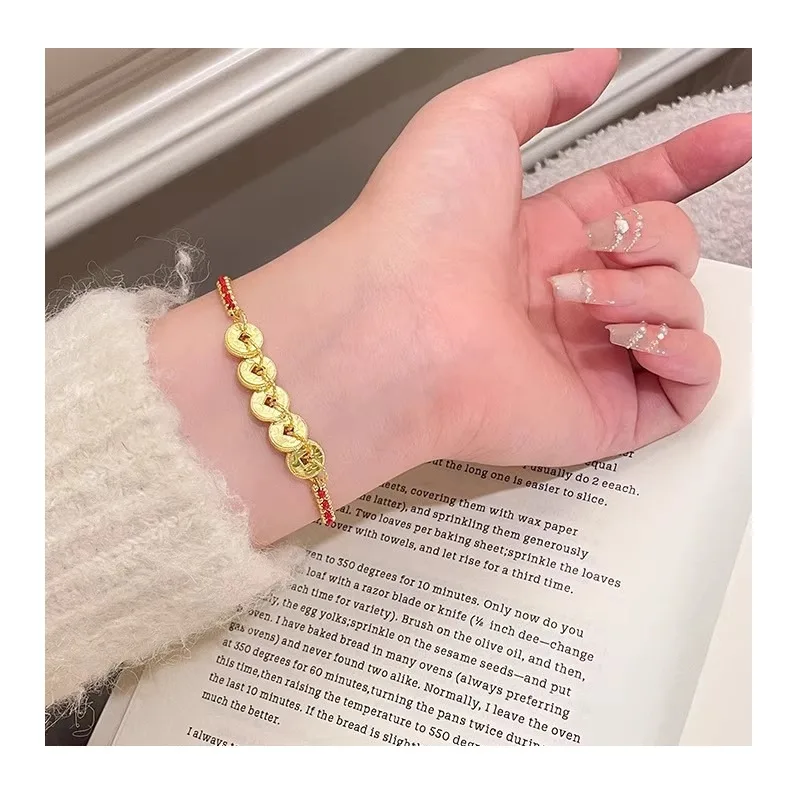 

New Chinese Crushed Ice Five Emperors Money Red Rope Bracelet Women's Super Flash Light Luxury Niche Woven Hand Rope