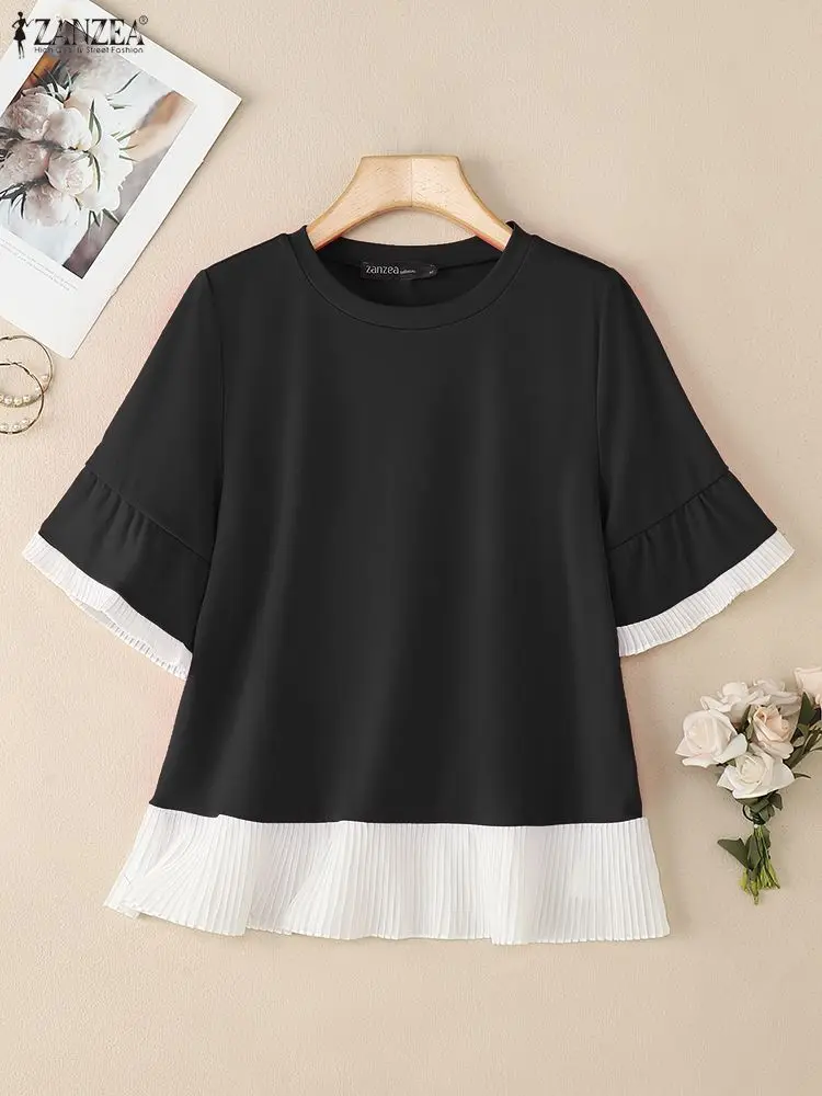 ZANZEA-camisetas de retazos con ribete plisado de Color contrastante para mujer, camisetas informales de manga corta con cuello redondo, camisetas negras en 3 colores, ropa de verano