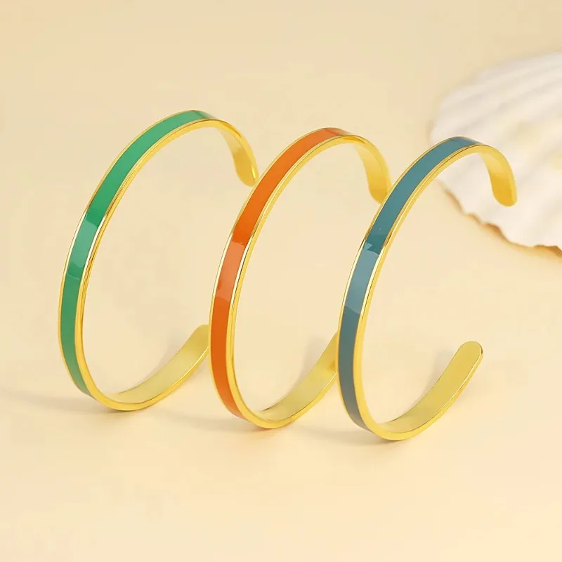 Neue Grün Blau Orange Manschette Öffnen Armreifen für Frau Mädchen Edelstahl Armbänder Mode Charme Schwester Schmuck – Detail 2