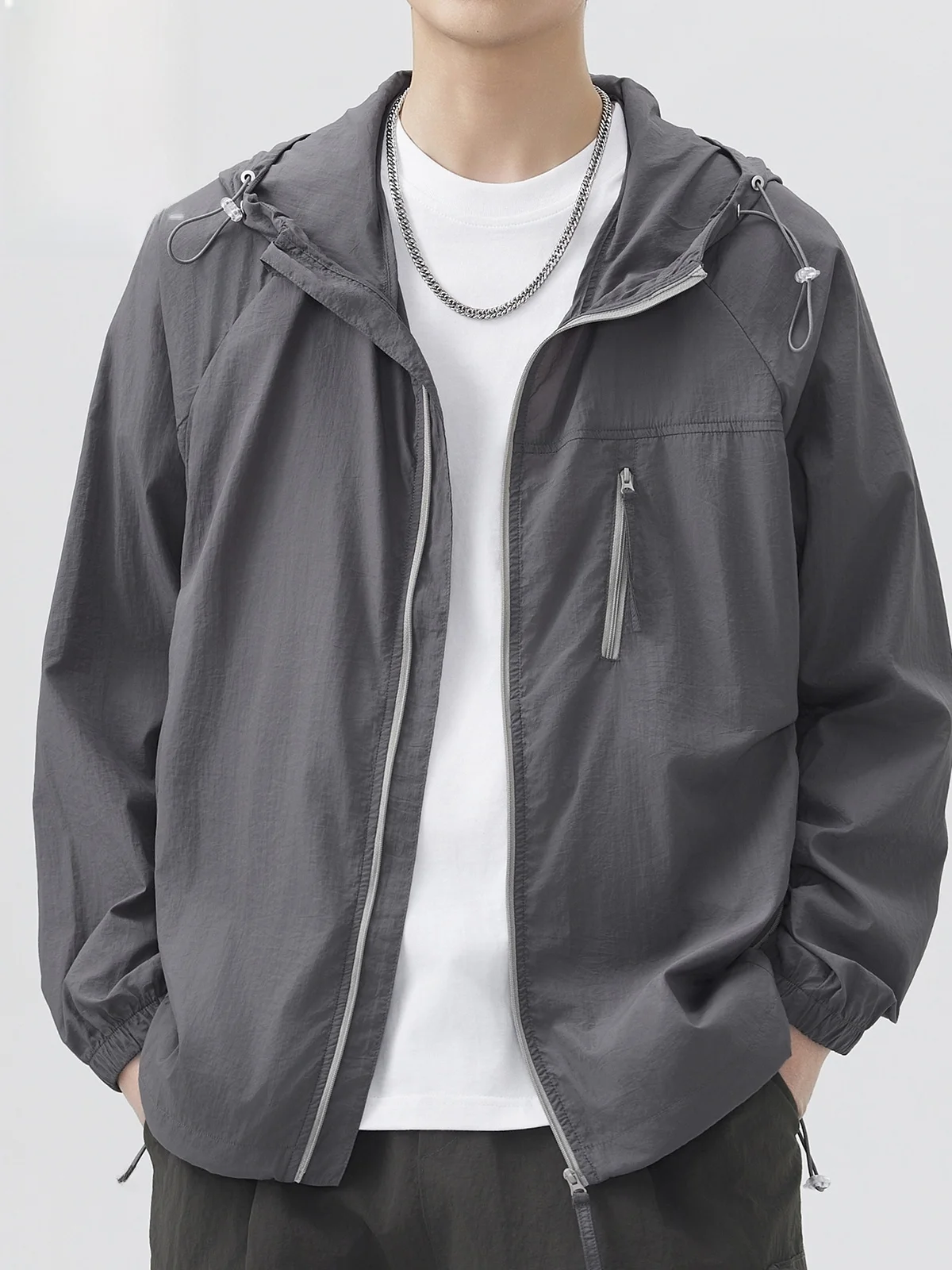 

Мужская летняя куртка UPF50 из легкого дышащего ледяного шелка, повседневная, свободного кроя, с длинными рукавами, на молнии, коллекция 2026