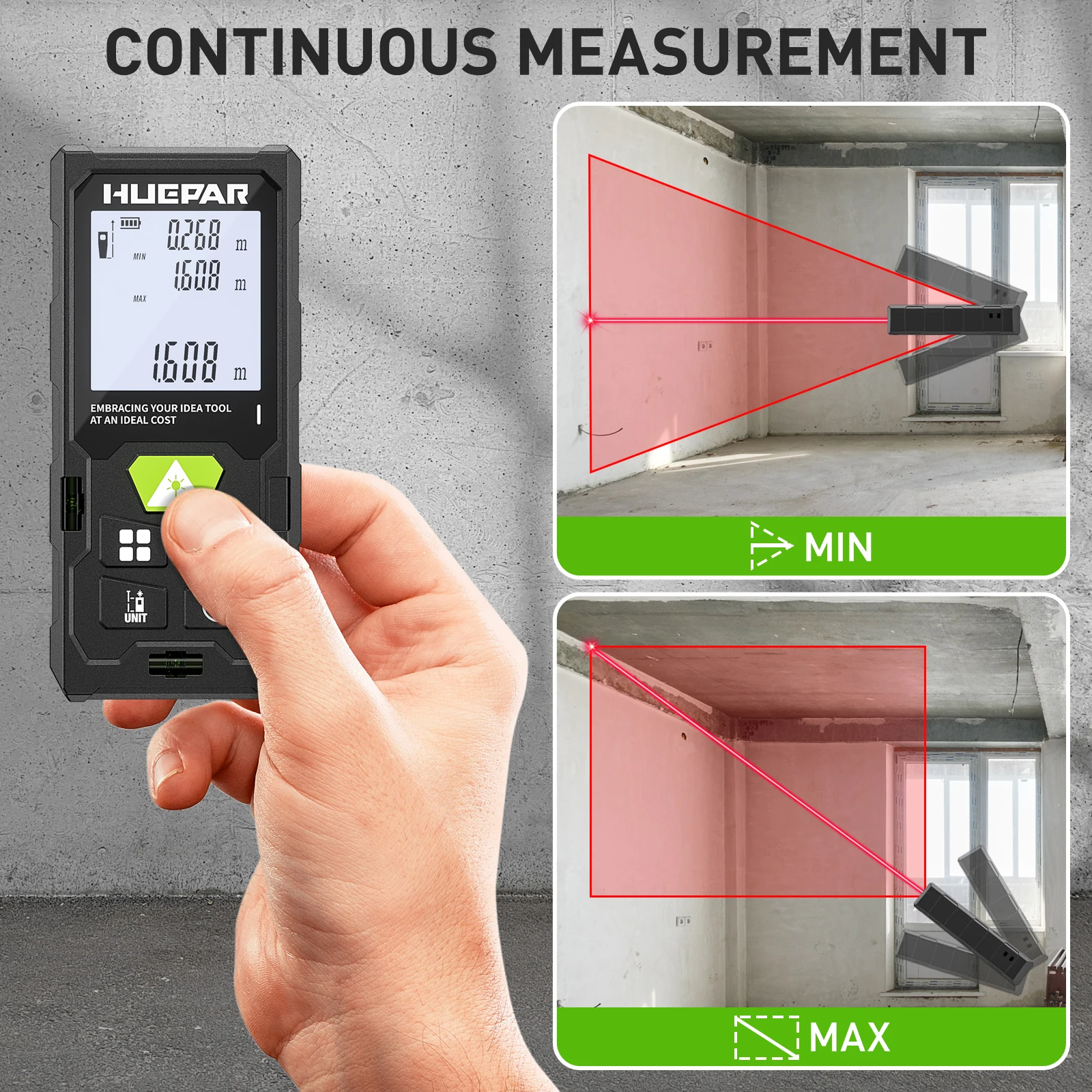 Imagem -06 - Huepar-telêmetro a Laser Digital com Lcd Retroiluminado Medidores de Distância Ferramenta de Teste da Unidade 50m 80m 100m 120m m in ft Ft_unit