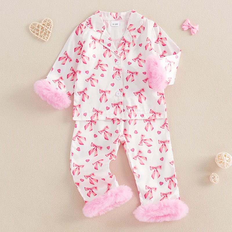 New Toddler Baby Girl Valentine Pajamas Sets Bow Print Plush Laple Long Sleeve Tops With Pants 6 Months-7 Years