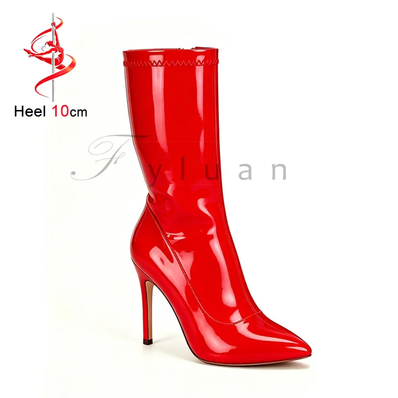 

10CM Stiletto Pointy Toe Boots For Women Stretch Patent Leather Short Boots Sexy Slim Leg Thin Heels Woman Nightclub Party Shoes