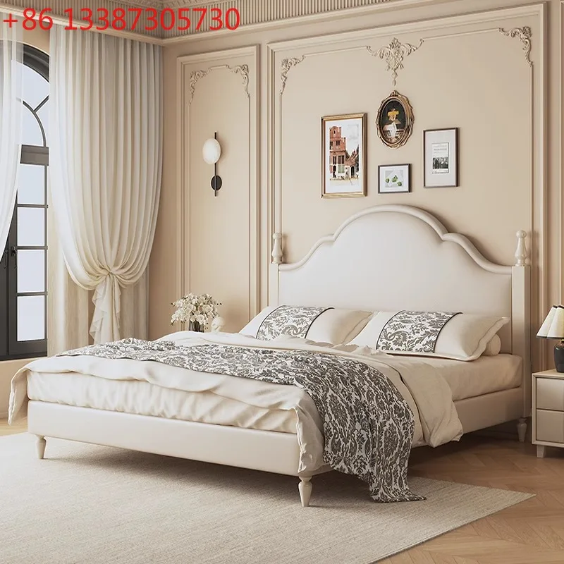 

Французская кровать из массива дерева с кожаной обивкой, двуспальная кровать размера «queen-size» для главной спальни, винтажная кремовая кровать в американском стиле, легкая роскошная двуспальная кровать.