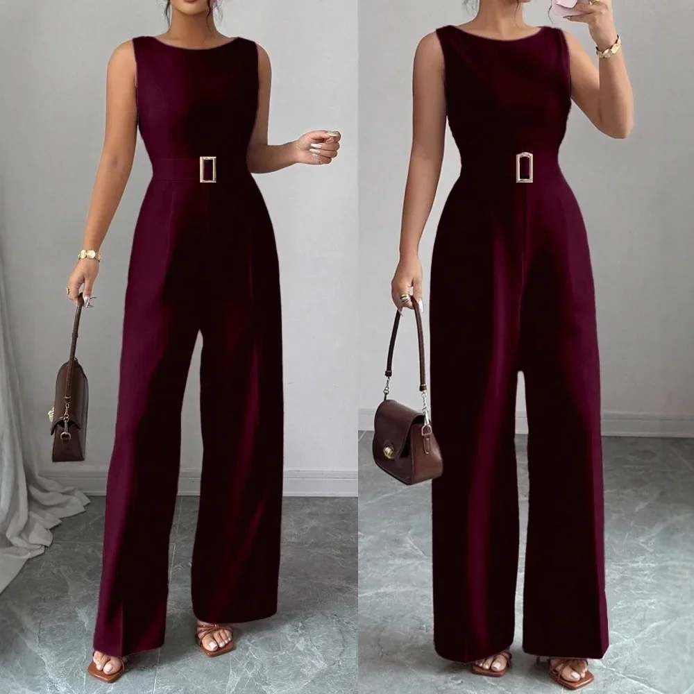 Women Summer Sleeveless Jumpsuit Slim Fit Belted Long Romper Elegant European Style Ladies One Piece Outfit