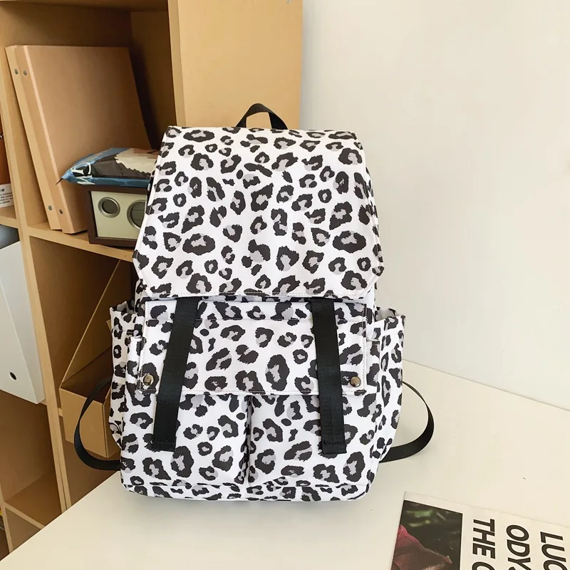 Mochila padrão leopardo para mulheres, saco de nylon, lazer, livro, moda