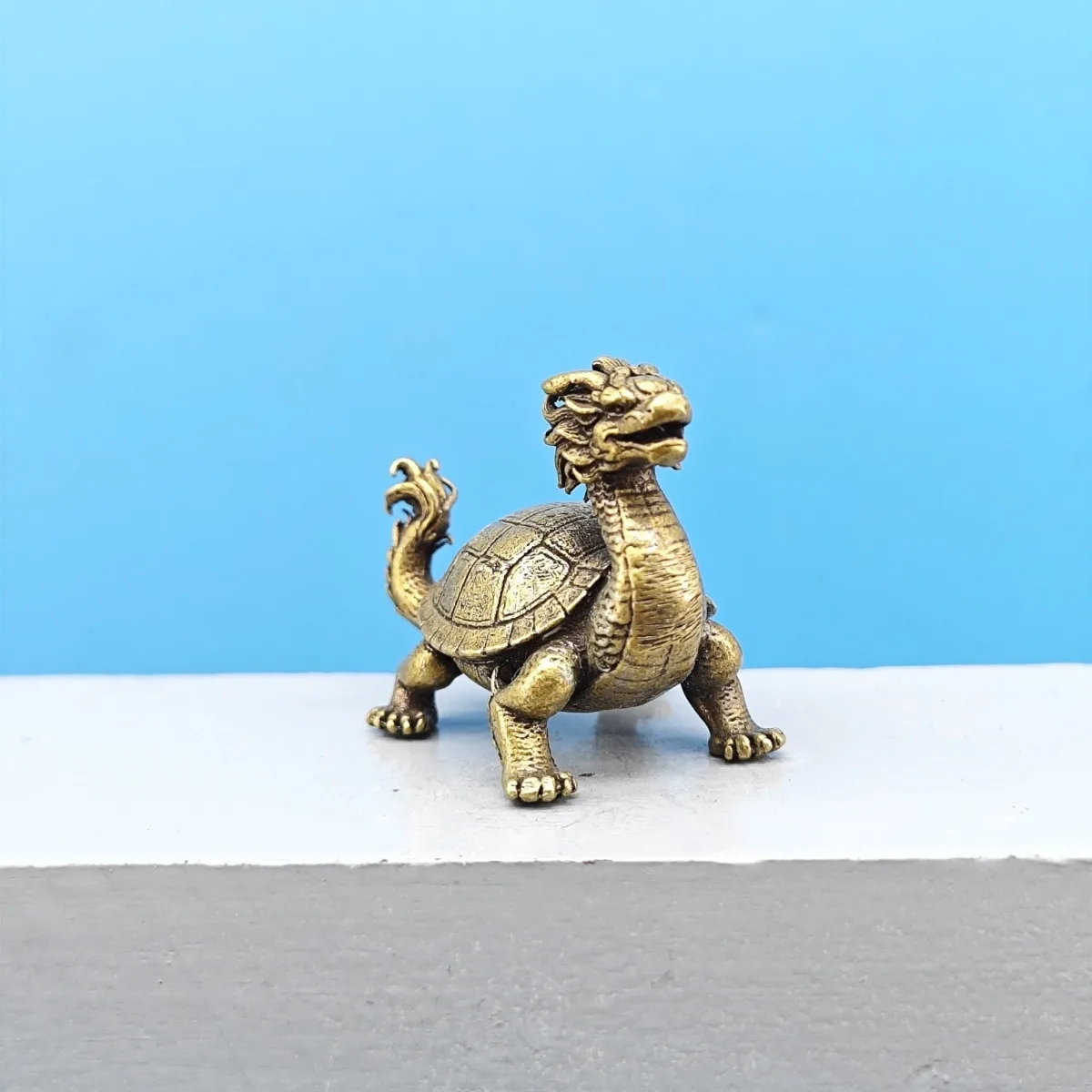 Vintage Brass Dragon Turtle Miniature Figurine Chinese Mythical Beast Oriental Desktop Decor Tea Table Collectible Ornament