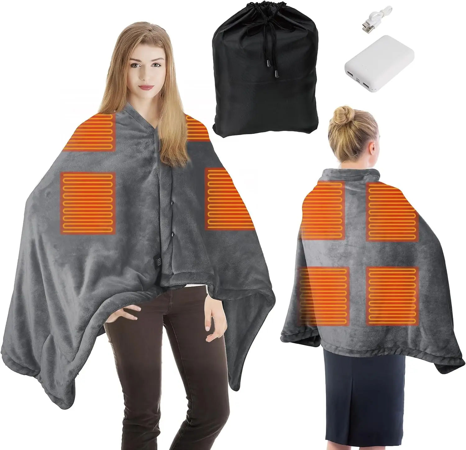 

USB Portable Heated Blanket with Power Bank - Wearable Shawl, 3 Heat Levels, Fast Heating for Camping Travel Office