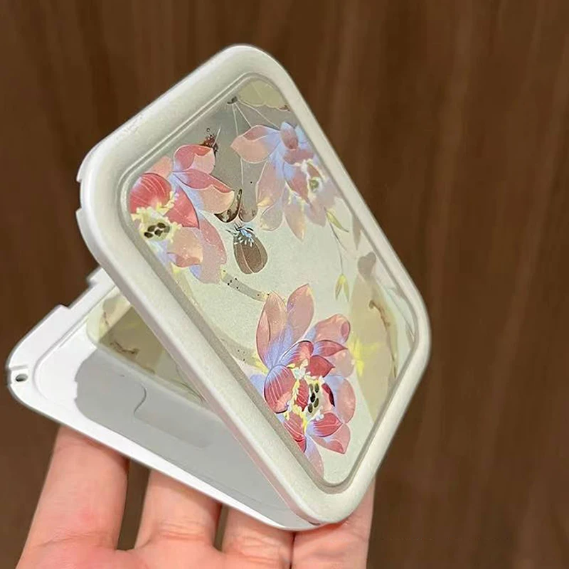 Lotus Flip-Top Folding Makeup Mirror Portable Pocket Mirror Rectangle Cosmetic Mirror With Comb For Women Girls Outdoor