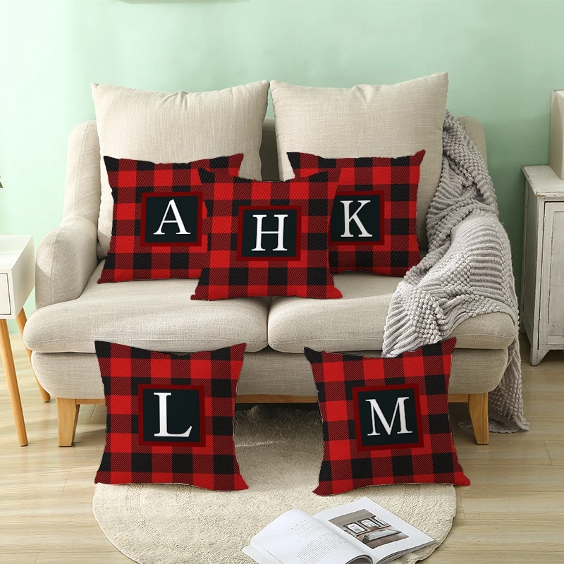 Christmas Throw Pillow Cover Plaid Letter Print Cushion Pillow Case Soft Pillow Protector for Home Sofa Decorations