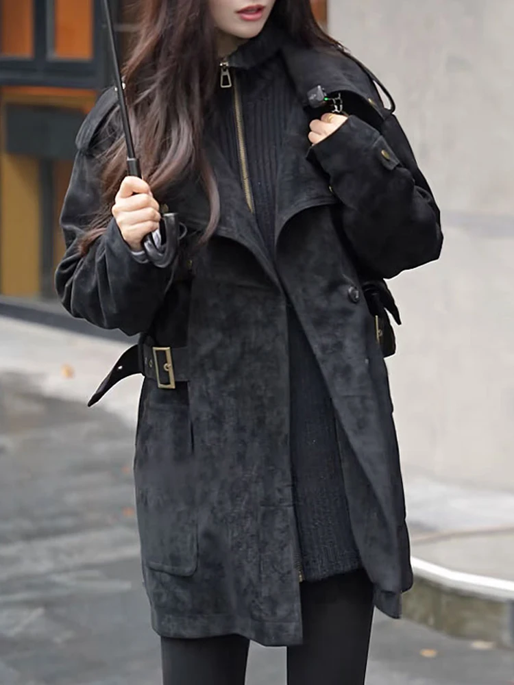 

Faionable Retro Splicing Women's Cotton Jaet Mid-Length Stand Collar Waist-Cinching Coat Korean Sle Commute Clothes