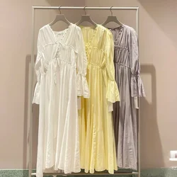 WAKUTA Loose Pleated Long Vestidos De Mujer 2024 Summer Solid Color Lace Up Fresh Dresses Japanese V-neck Flare Sleeve Robe