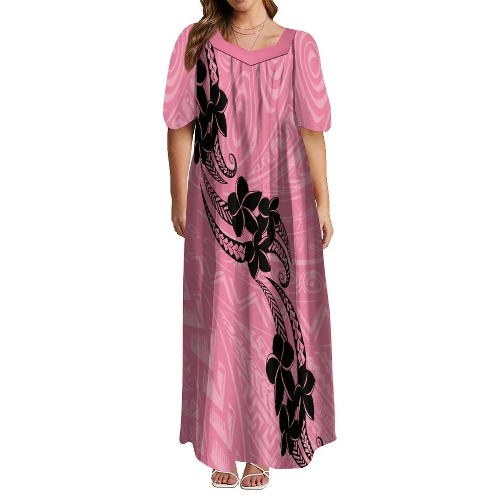 High Quality Women'S Puffy Sleeve Dress Polynesian Tribe Design Midi Party Loose Dress 6xl 