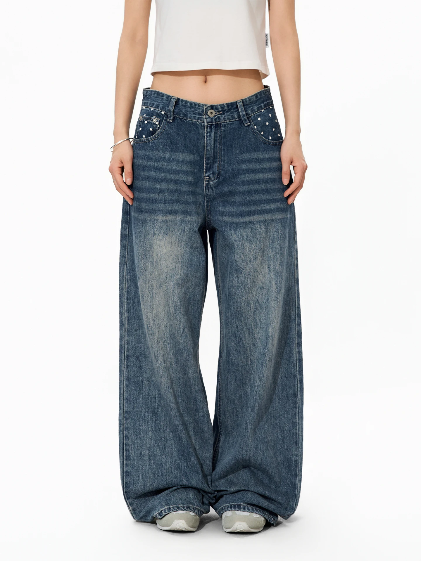 

S3T5 Stars Print Waed Straight Leg Bell Bot Denim Jeans Men's American Paris Button Design Floor Length Wide Leg Pants