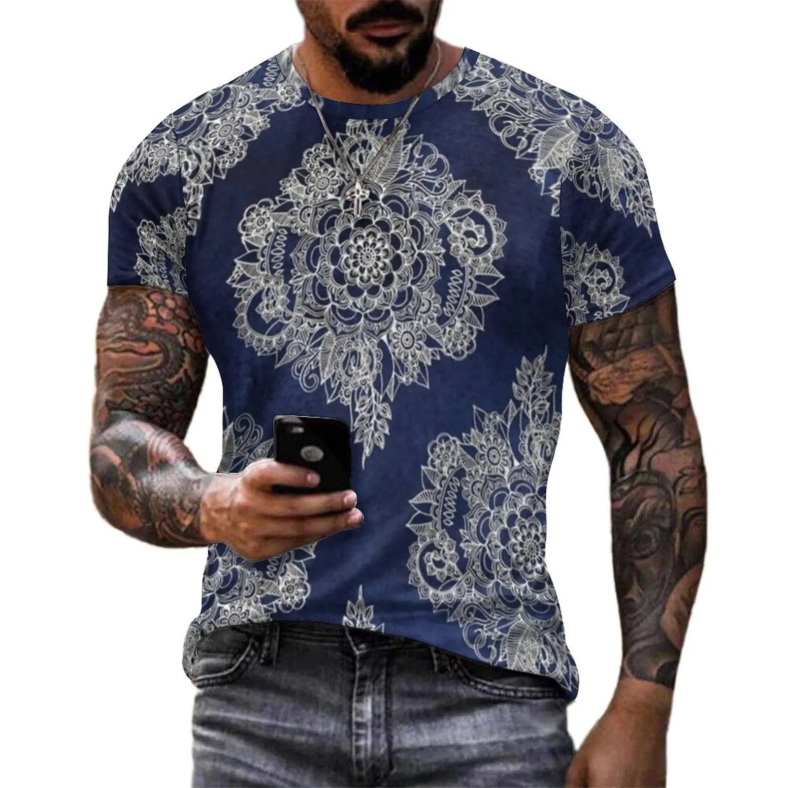 Summer T Shirt Vintage Mandala T-Shirts Cream Floral Moroccan Funny Hippie Tee Shirt For Mens Short-Sleeved Oversize Clothing