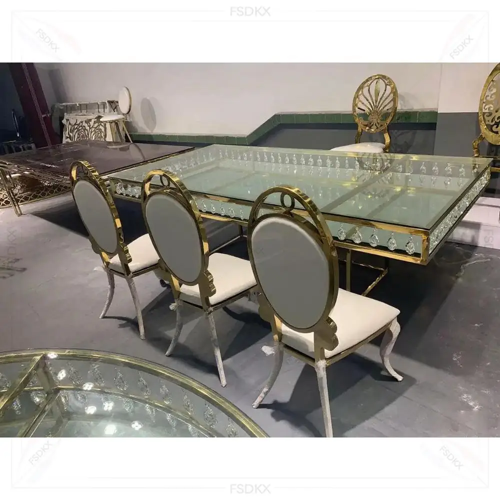 

FSDKX Modern Glass Top Gold Bridal and Groom Table Stainless Steel Wedding Dinning Table