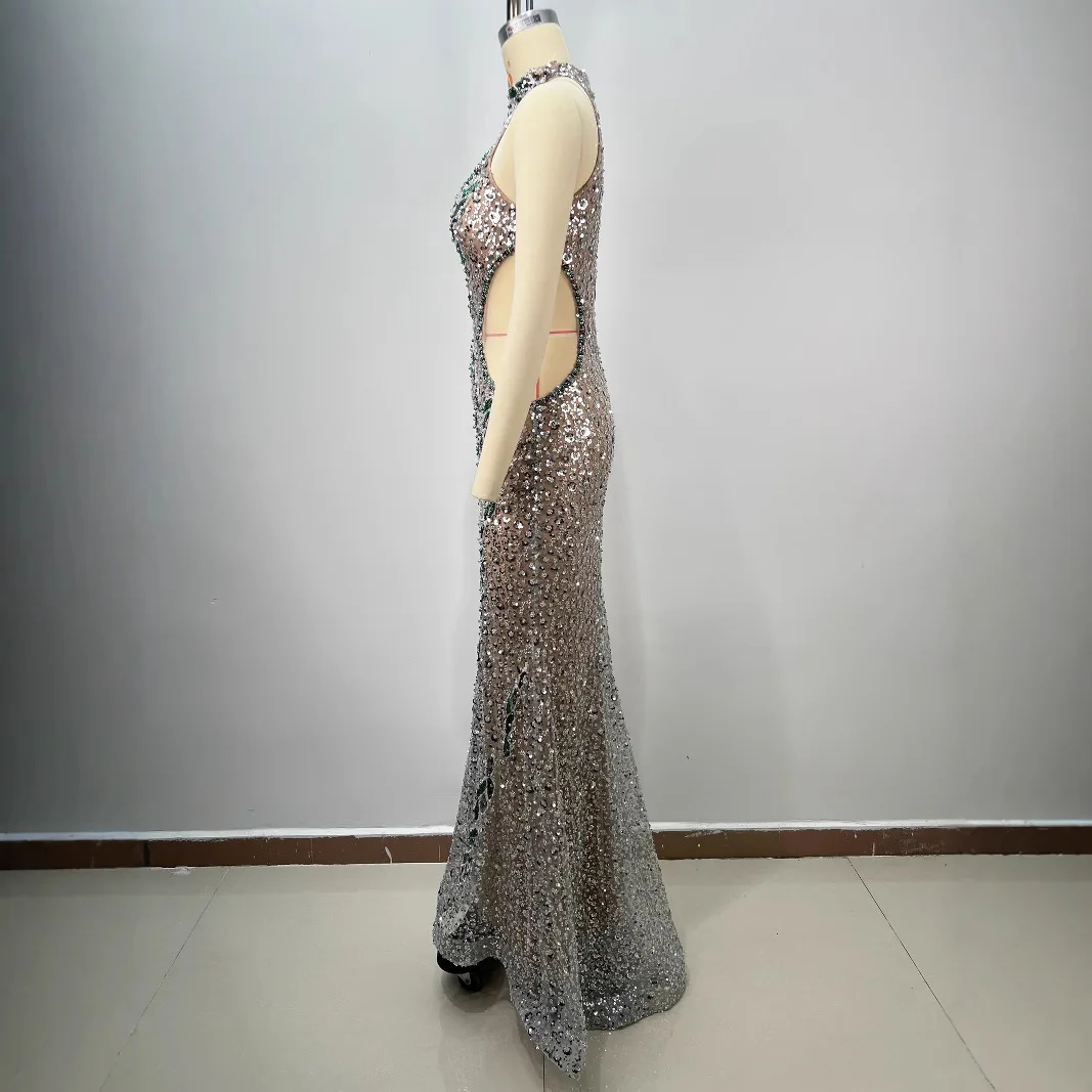 이브닝 드레스 여성 파티 드레스 하이넥 헤비 스팽글 비즈 장식 섹시한 홀 메쉬 바디콘 머메이드 수제