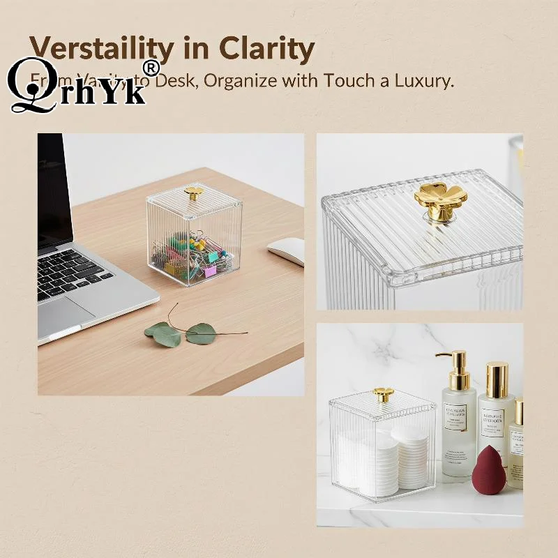 Desktop Plastic Organizer Clear With Gold Trim Dustproof Storage Box For Vanity Office Jewelry Makeup Holder