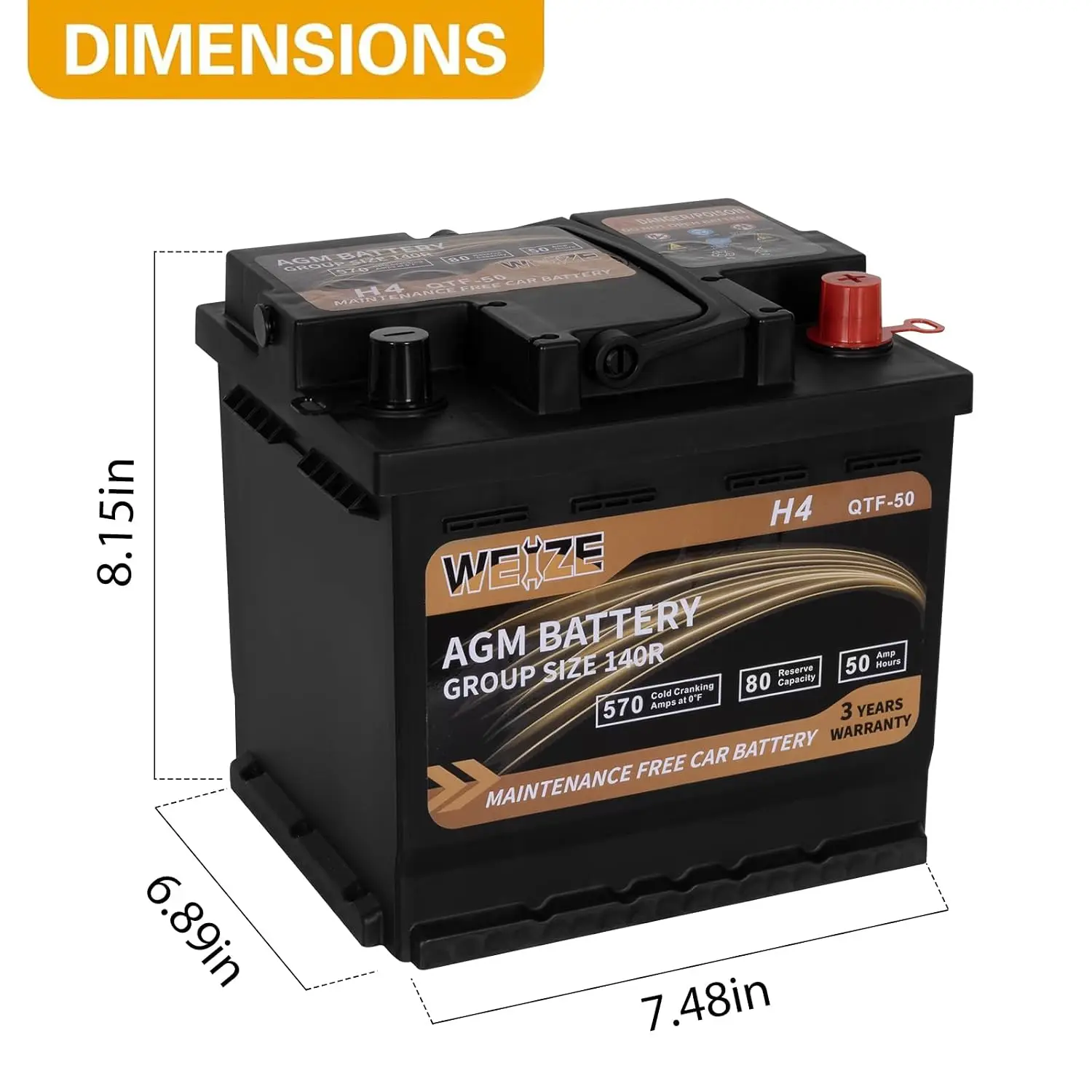 12V 50AH AGM Automotive Battery 140R H4 Size 570CCA 80RC 36 Months Warranty, Customized