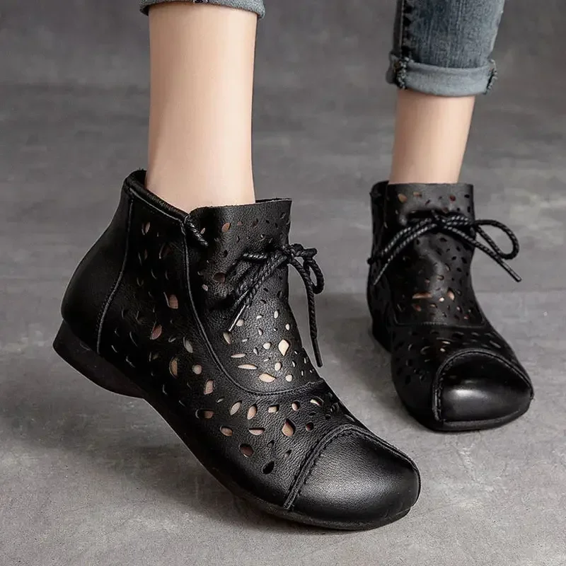 Hollow-Out Leather Boots Summer Breathable Women Sandals Retro High Top Lace Up Womens Designer Boots Black Botas De Mujer