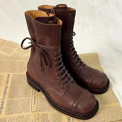 Designer Luxury Brand Boots Women Side Zipper Mid Heel Lace-up Round Toe Female Shoes Runway Solid Color women Motorcycle Boots