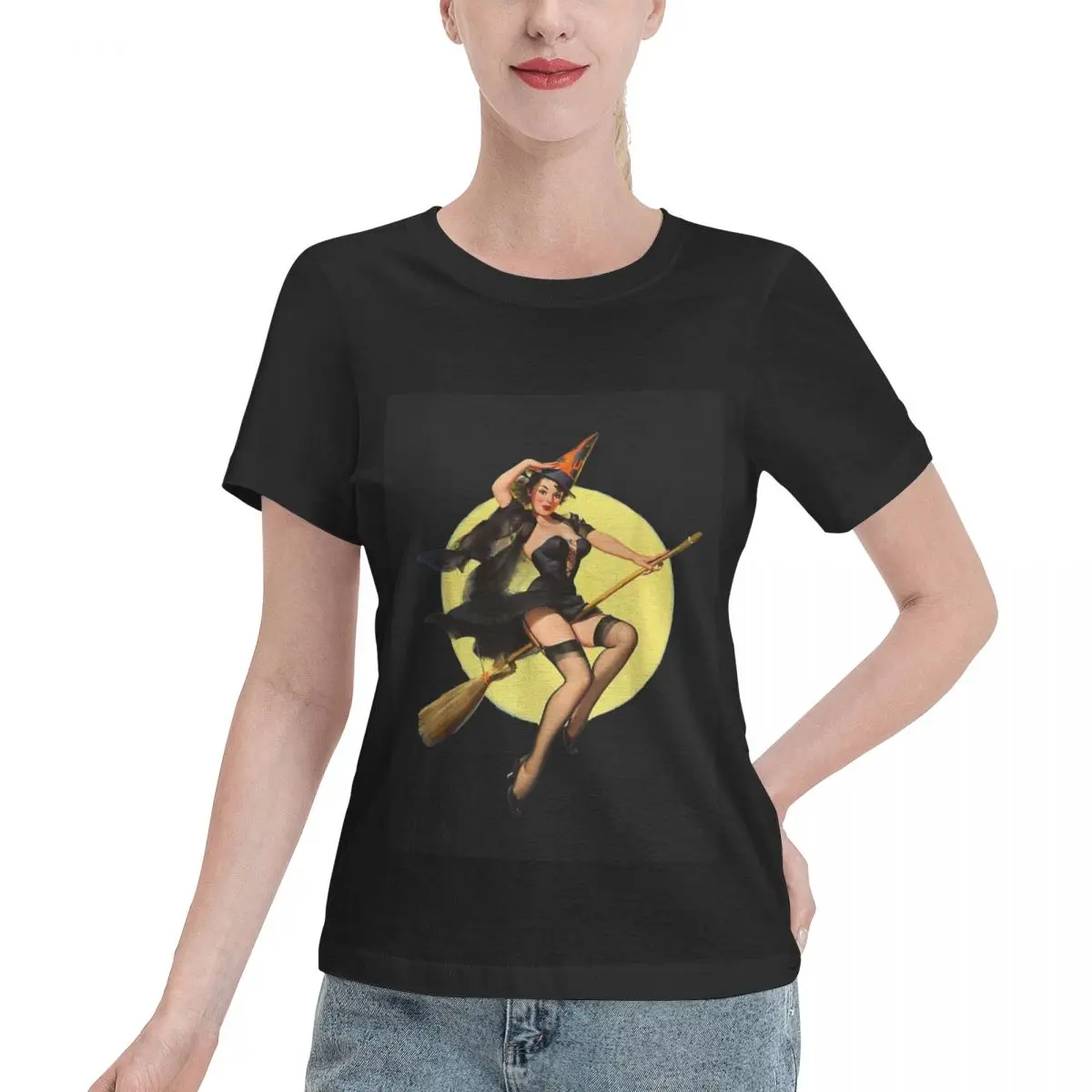 

Vintage Pin Up Witch Halloween Pinup Girl Funny Women's Printed T-Shirt, Round Neck Short Sleeve, Casual Fun, Cute, Summer