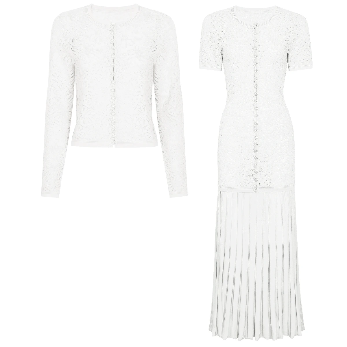 

26132 High-quality Spring And Summer New Fashion Elastic Knitted Pearl Button Top Cardigan+short Sleeved Dress Women's Set
