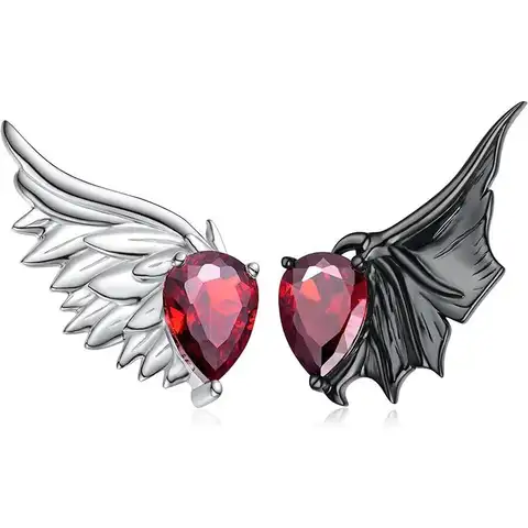 Women Gothic Red Zircon Feather Earrings Angel Devil Wing Ear Studs Trendy Punk Style for Casual Party Wear