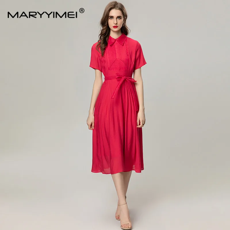 MARYYIMEI Fashion Women's New Vintage Shirt Collar Short-Sleeved Pleated Lace-Up Elegant A-Line Party Prom Dress MIDI Dresses