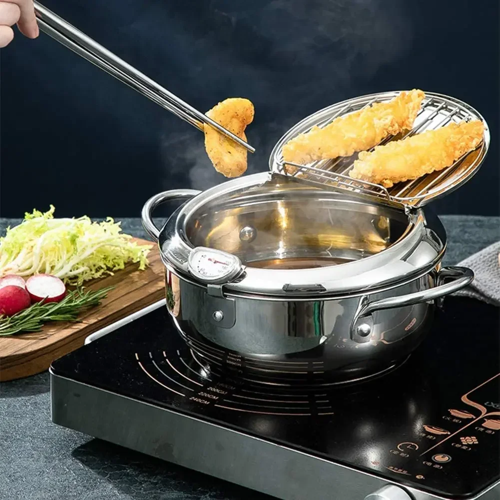 24CM  Japanese Deep Frying Pot Oil Fryer with a Thermometer and a Lid 304 Stainless Steel Kitchen Tempura Fryer Pan