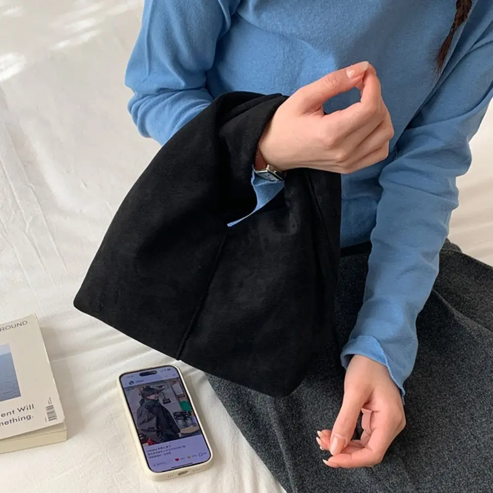 

Portable Elegant Suede Pleated Handbag Solid Color Faux Suede Cloud Tote Bag Retro Soft Clutch Bag Girls