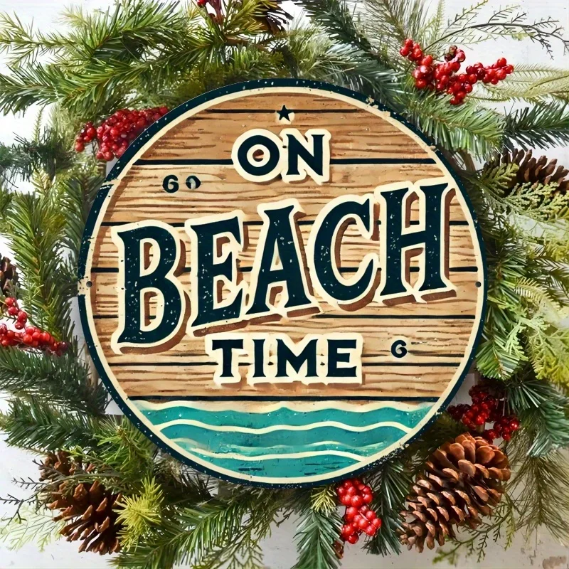 2D Flat, 1pc, Beach Time, Metal 2D flat printed signs, Metal wall waterproof and dust-proof metal artwork