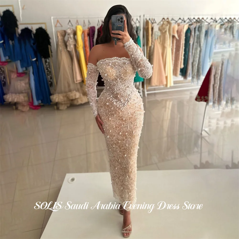 

Вечернее платье SOLIS цвета шампань, кружевное, с открытыми плечами, длинными рукавами, с жемчугом, на заказ