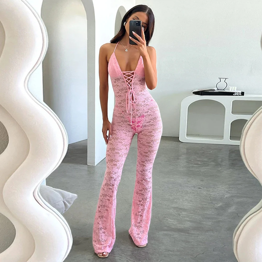 Sexy mesh lace see-through backless halter v neck slim fitness one piece bodysuit jumpsuit flare leg pants