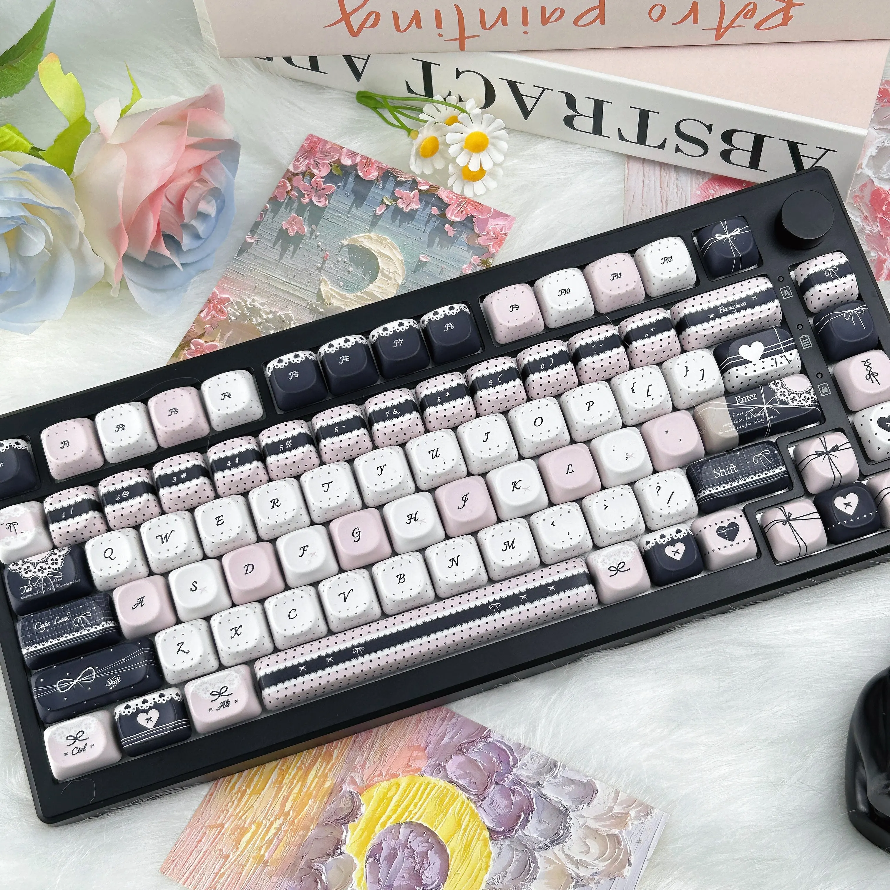 Black Pink Keycap Cherry MOA Profile Dream Weaving Theme Cute Rococo Style PBT Keycaps Exquisite Lace Bow Element Keyboard Caps
