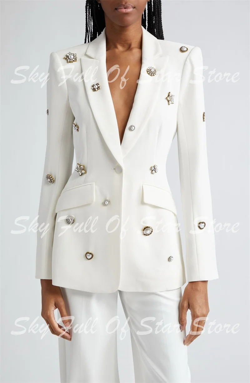 Luxury Multi Shape Rhinestone Decor White Women 2Pcs Suit Double Breasted Blazer Straight Pants Formal Prom Wedding Guest Outfit