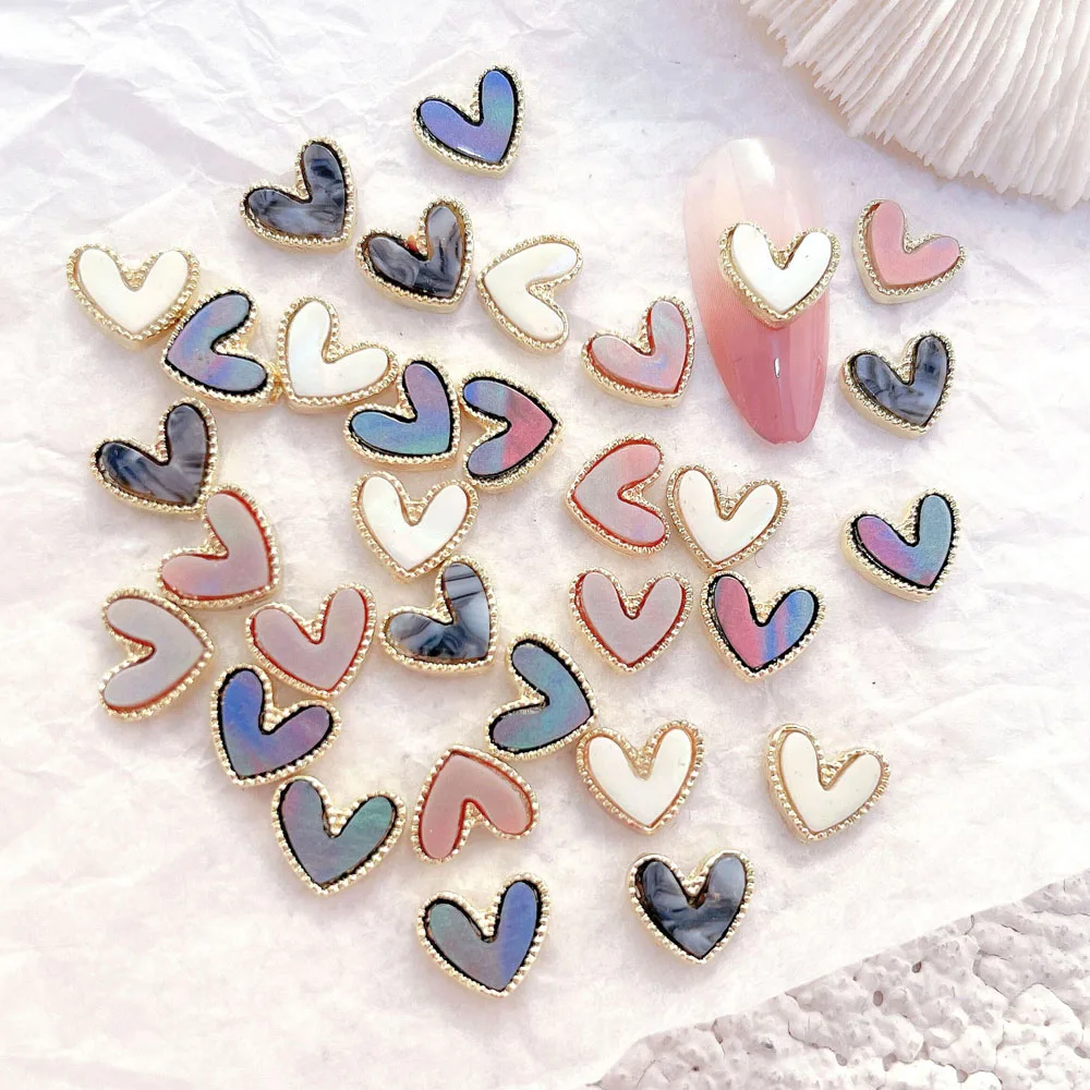 

10Pcs/lot Alloy Heart Nail Art Jewelry 3D Nacre/Mother of Pearl Decorations 8.5*7.5mm Flatback Valentine's Day Shell Nail Charms