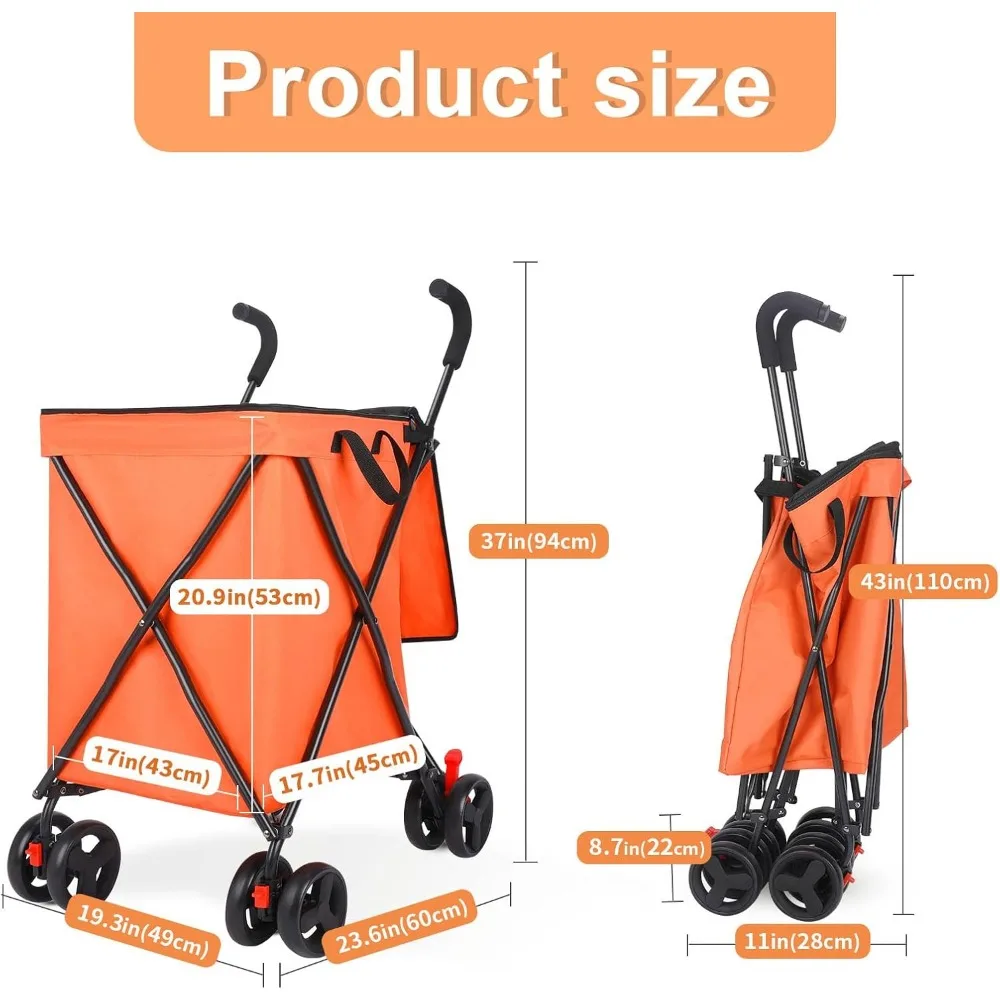 shopping cart with 360° rolling swivel wheels, portable utility cart for grocery, folding shopping carts with waterproof basket