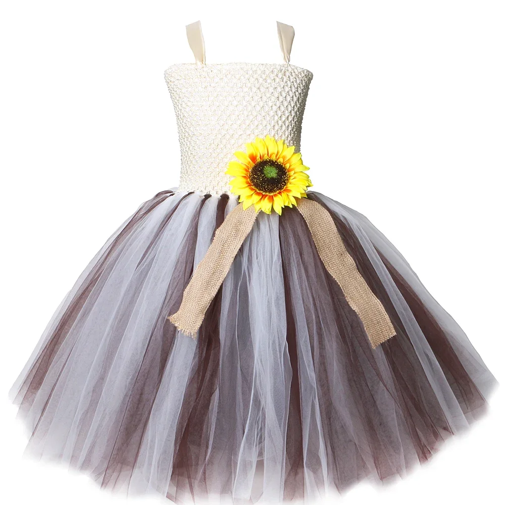 

Sunflower Burlap Girls Tutu Dress Brown Ivory Princess Girls Pageant Wedding Dress Gowns Kids Halloween Party Scarecrow Costume