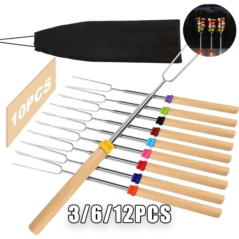 Palos para asar malvavisco telescópicos de acero inoxidable, tenedores para parrilla de fogata de 32 pulgadas para barbacoa, Camping, Smores, Picnic