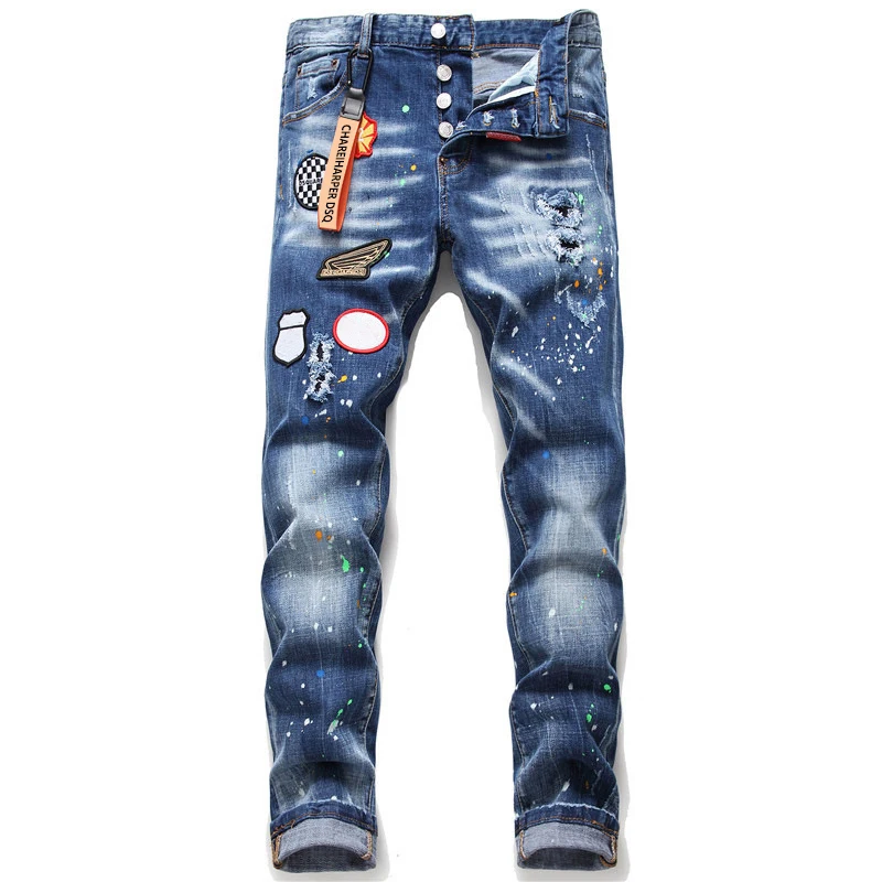 100Chareharper dsq 1045 Men\'s small straight leg embroidered jeans Ripped Fabric Stretch Paint Splash badge jeans