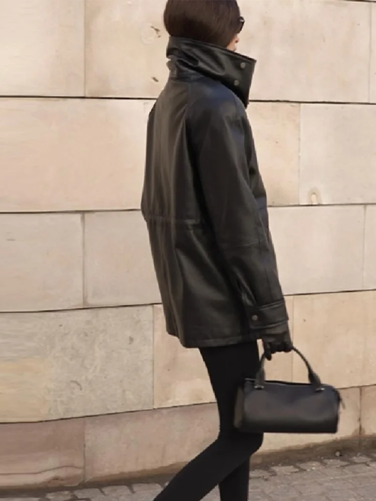 نساء موضة سترات من الجلد الأسود مزدوجة سليم صالح الوقوف طوق معطف 2025 الخريف شارع العليا وتتسابق جديد المرأة أبلى