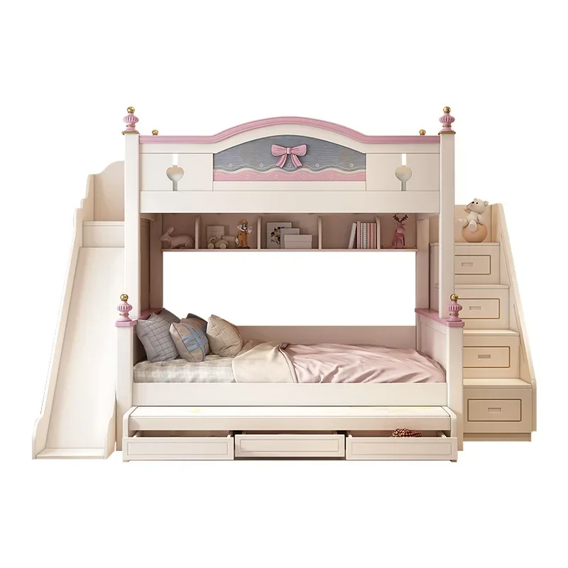 Children's bed up and down, girl princess bed, high and low wooden bed