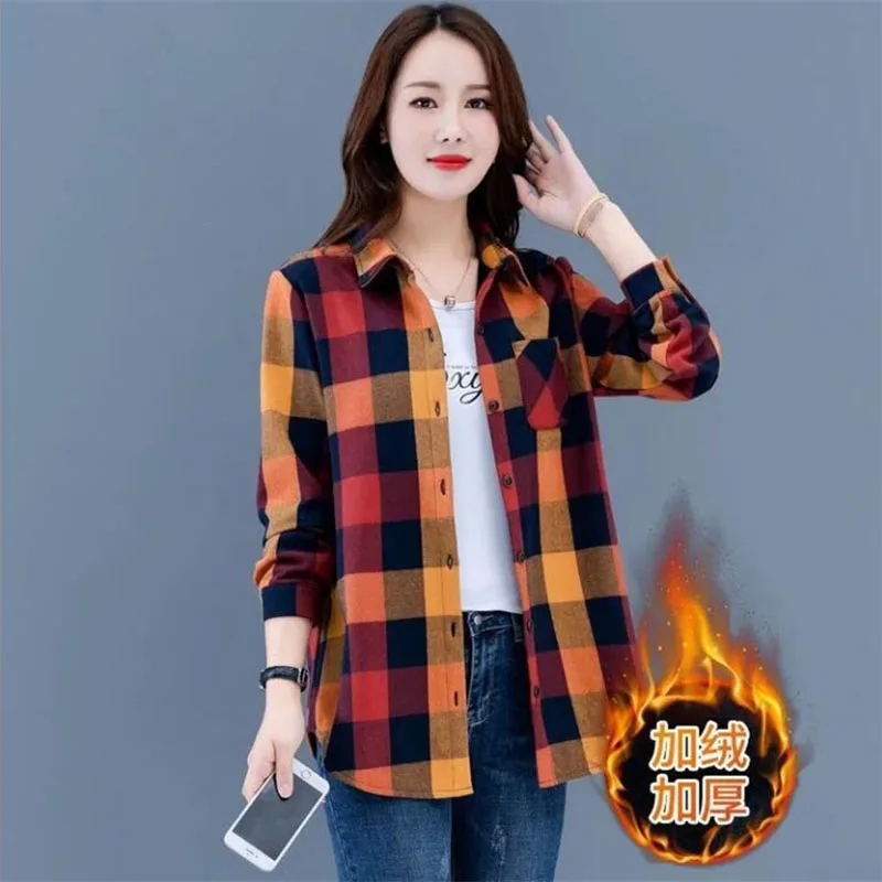 Add Velvet Thicken Cotton Plaid Shirt Blouse 2023 Spring Autumn Winter New Korean Version Retro Casual Shirts Jacket Female Tops