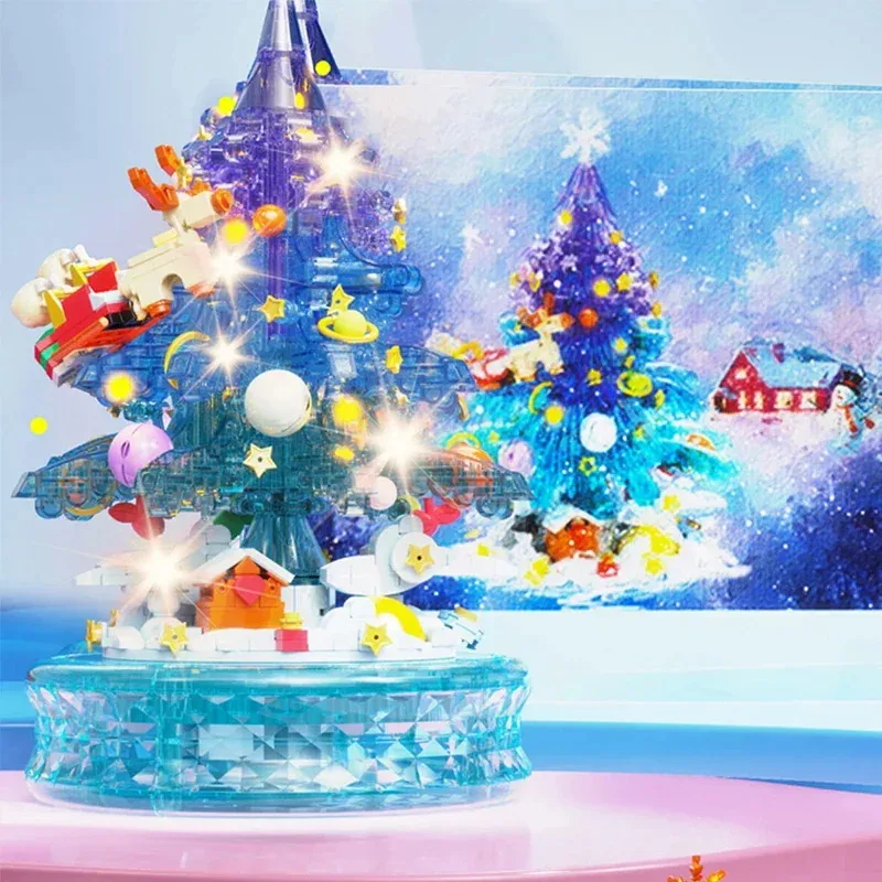 Romantic Light Christmas Tree Music Box Building Blocks Festive Scene Model Elegant Home Decor DIY Assembly Festival Presents